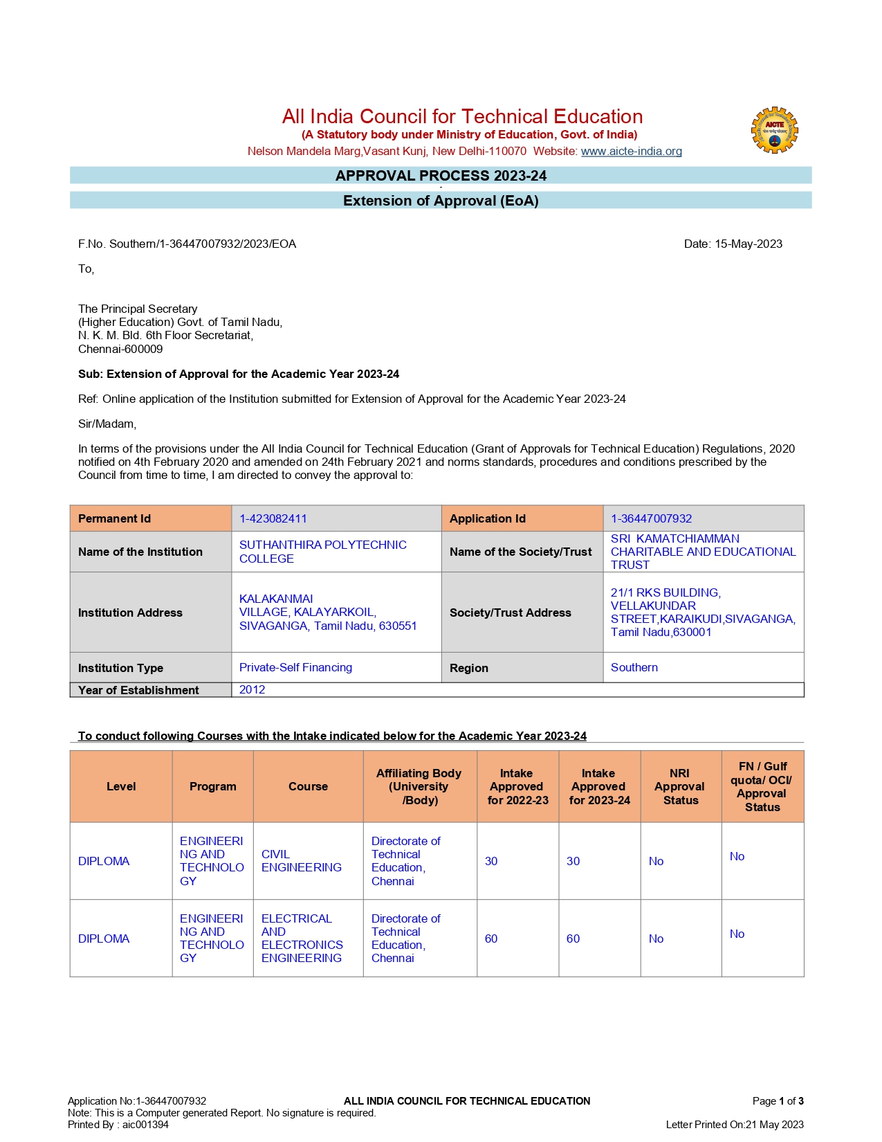 AICTE Extension of Approval 2023-2024